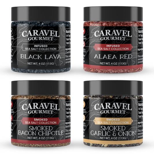 Infused Sea Salt Mega Sampler: Smoked Bacon Chipotle, Salt & Pepper, Garlic Herb, and Black Lava Sea Salts, 4 oz Jar 4-Pack