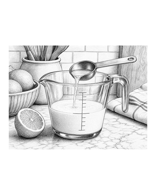 A glass measuring cup containing milk and a tablespoon of lemon juice, with a lemon half resting nearby.