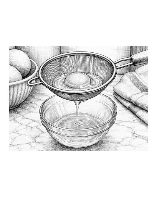 A raw egg sitting in a fine-mesh strainer over a bowl, allowing the thin, watery egg white to drip away.
