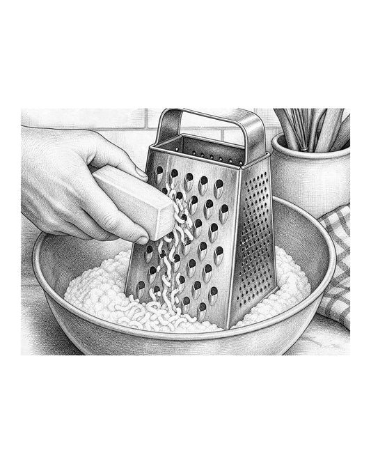 A box grater resting in a bowl of flour with a stick of butter being grated against the large holes.