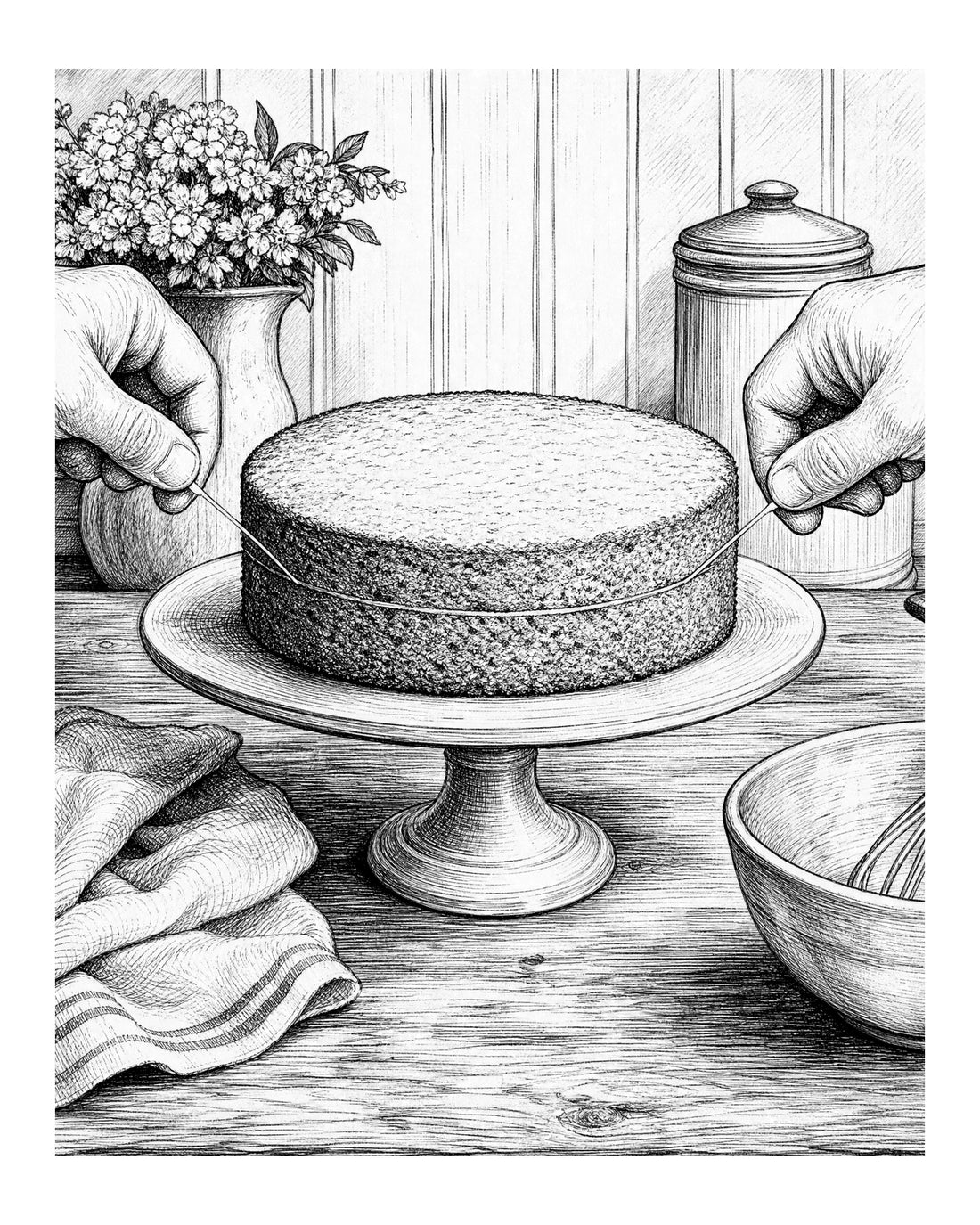 two hands pulling crossed dental floss taut across a round cake to slice the layer