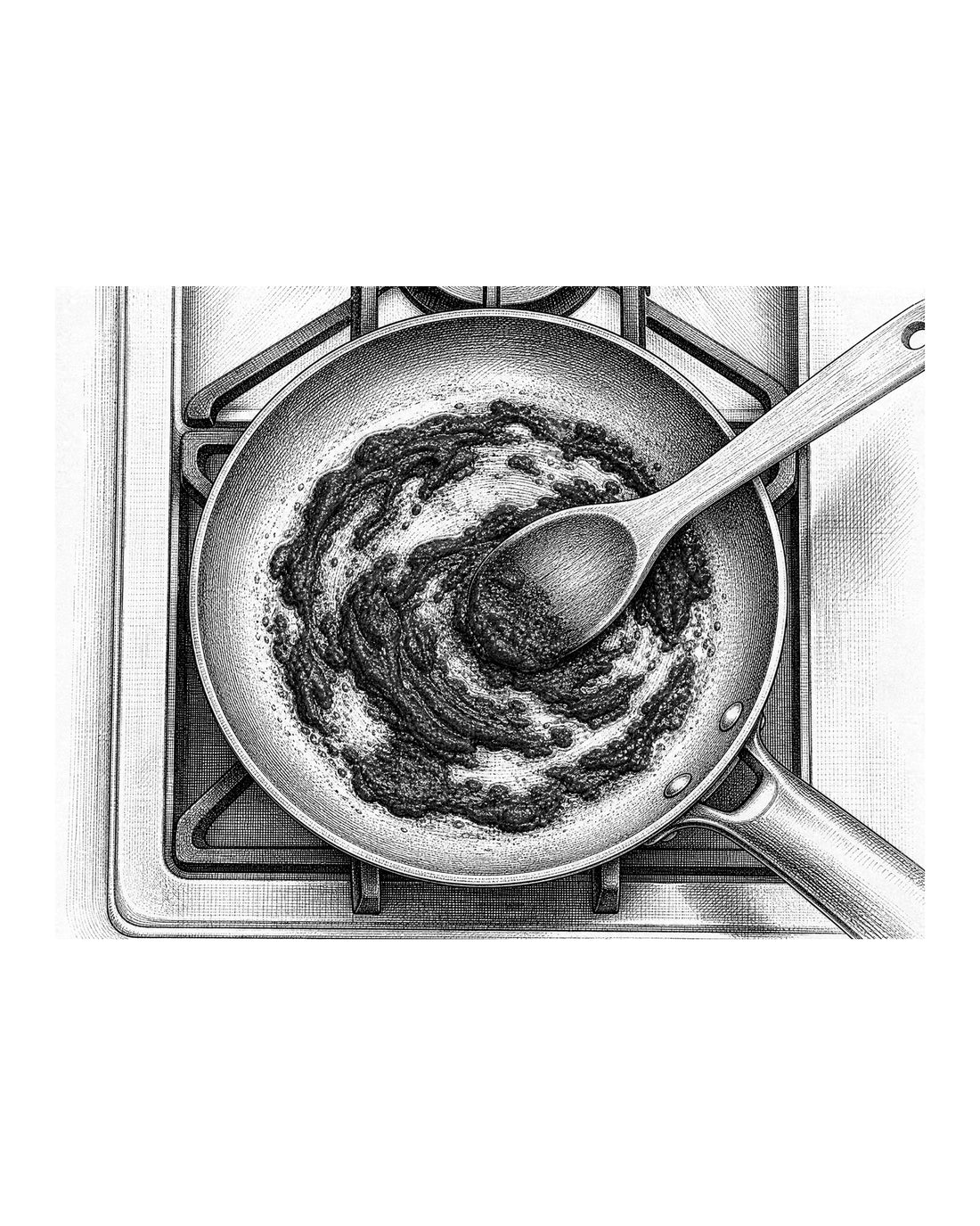 A wooden spoon stirring dark red tomato paste in a skillet with oil.